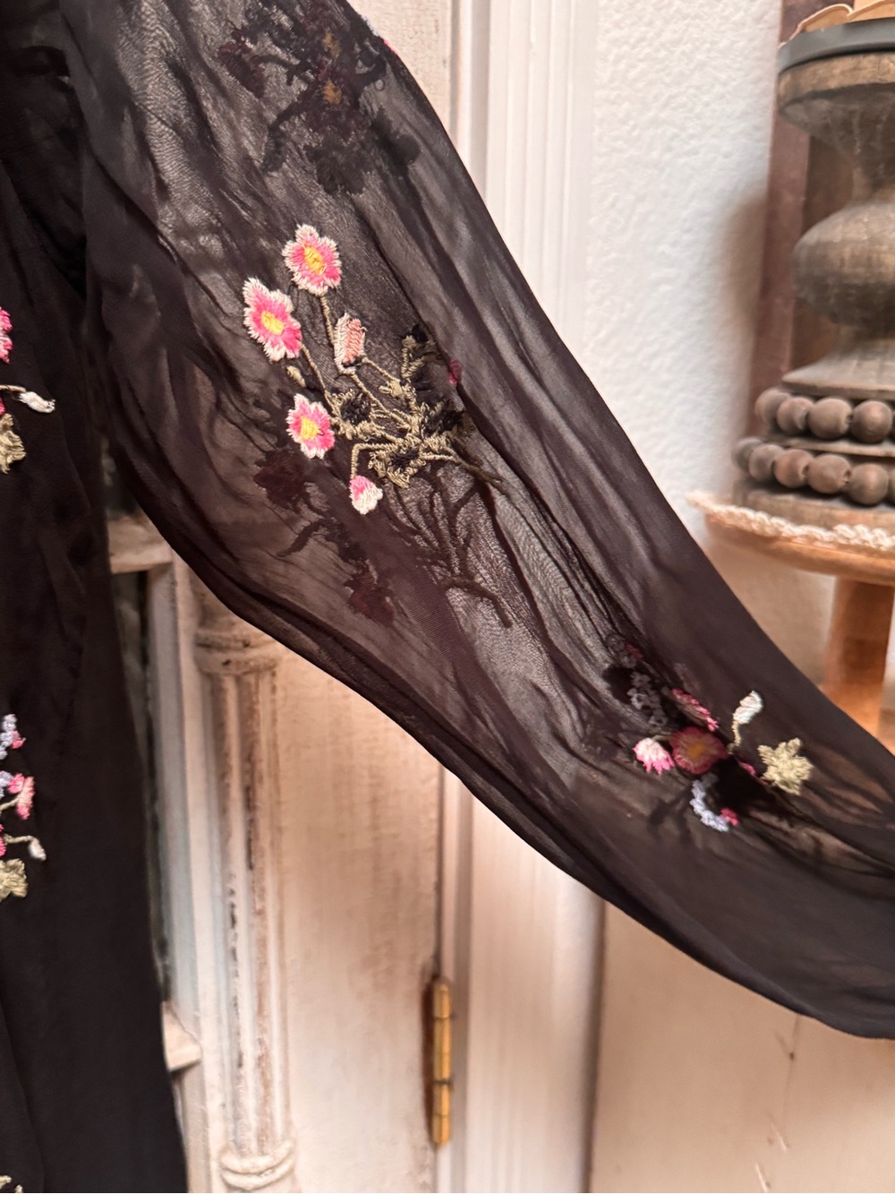 Sundance Black Sheer Blouse with Pink & Cream Floral Embroidery